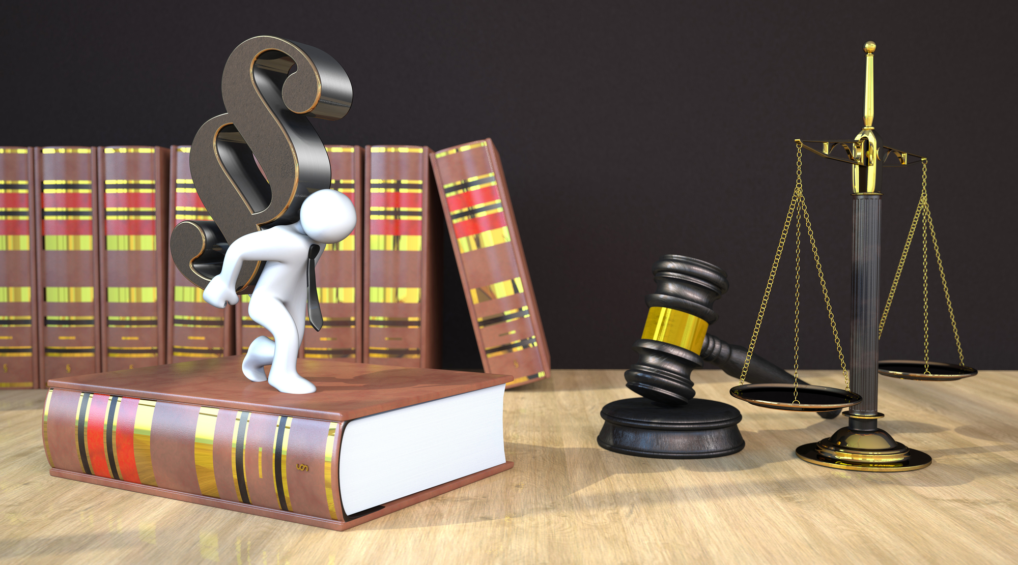 Manikin with paragraph on the wooden table with gavel, balance and law books. 3d illustration.
